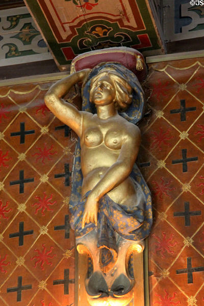 Dining room column carved with female figure at Cheverny Chateau. Cheverny, France.