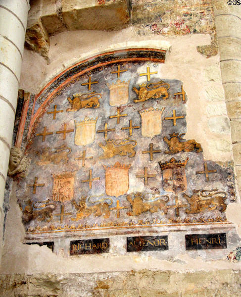 Ancient mural with arms & family relationships of King of England, Henry II, his wife, Eleanor of Aquitaine & son, King Richard the Lionheart at Fontevraud Abbey. Fontevraud, France.