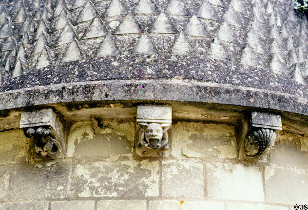 Decorations on kitchen building in Evrault tower at Fontevraud Abbey. Fontevraud, France.