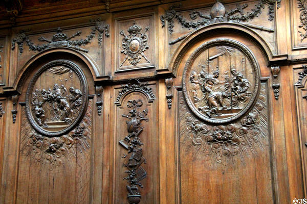 Choir stalls 1701 by architect Jacques V Gabriel & sculptor Jules Desgoullons at Orleans Cathedral. France.