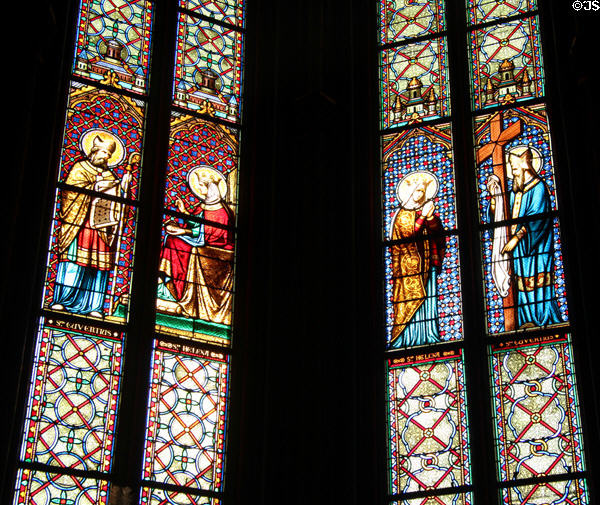 Stained glass windows in chapel of St Helena showing story of St Evortius receiving piece of Holy Cross at Orleans Cathedral. France.