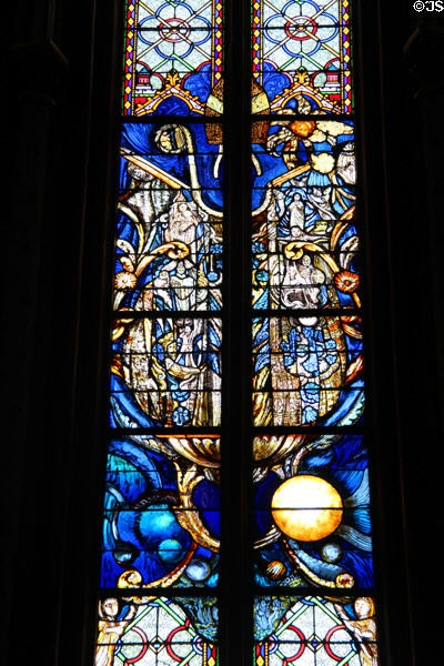 Modern stained glass honoring St Aignan (451) Bishop of Orleans who helped repel assault of Attila's Huns by Pierre Carron at Orleans Cathedral. France.