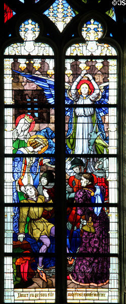 Joan in her prison cell panel from life of Joan of Arc stained glass windows (1893-7) by J. Galland & E. Gibelin at Orleans Cathedral. France.