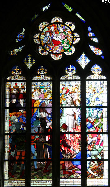 Joan burned at the stake in Rouen panel from life of Joan of Arc stained glass windows (1893-7) by J. Galland & E. Gibelin at Orleans Cathedral. France.