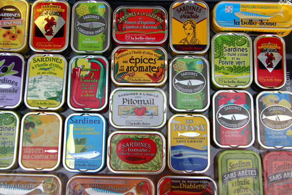 Sardine varieties in shop window on Place St Croix. France.