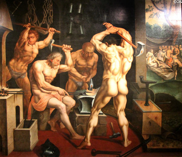 Forge of Vulcan painting (16thC) after Maarten van Heemskerck at Orleans Beaux Arts Museum. Orleans, France.