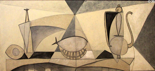 Still Life with Bottle, Sole & Ewer paint & graphite (1946) by Pablo Picasso at Picasso Museum. Antibes, France.
