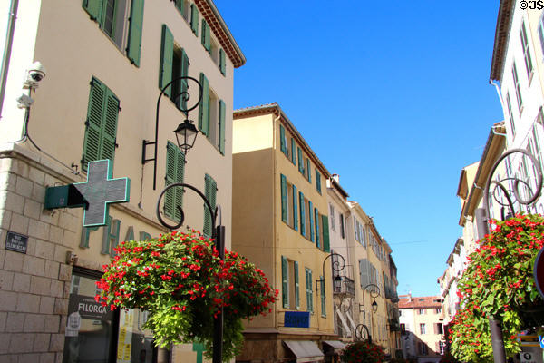Flower baskets along street in Old Antibes. Antibes, France.