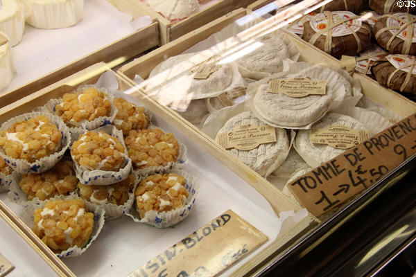 French cheese display at Market Hall. Antibes, France.