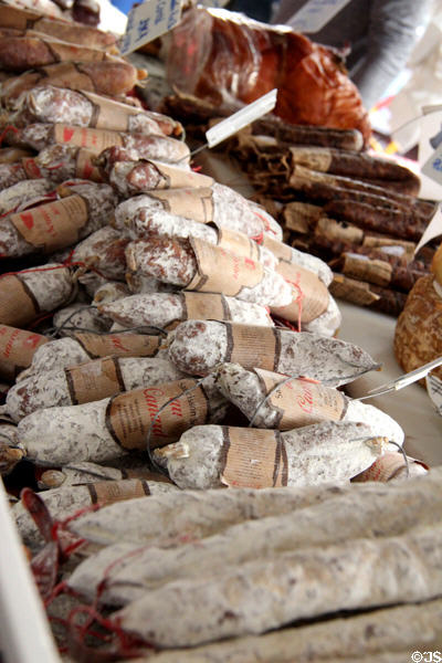 Sausage display at Market Hall. Antibes, France.