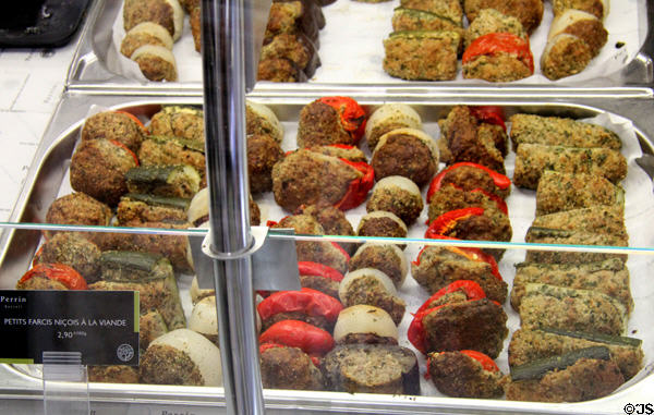 Stuffed vegetable display at Market Hall. Antibes, France.