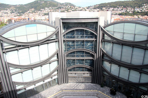 Art work incorporated into glass facade of Musée d'Art moderne et d'Art Contemporain. Nice, France.