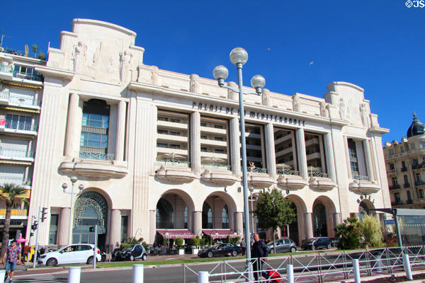 Front facade of Palais de la Mediterranee hotel on Promenade des Anglais. Nice, France.