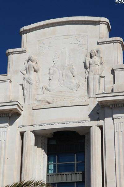 Detail of art-deco art work on Palais de la Mediterranee hotel on Promenade des Anglais. Nice, France.