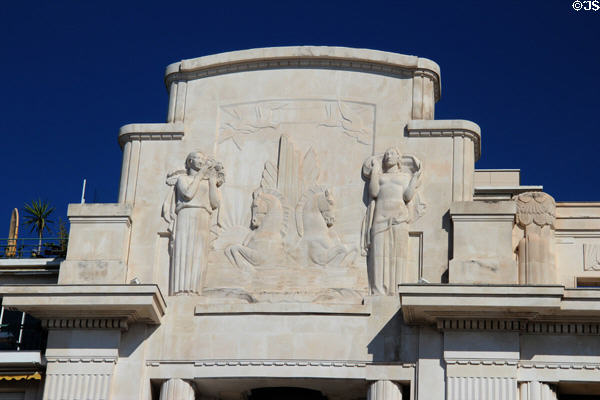 Art-deco art work on Palais de la Mediterranee hotel on Promenade des Anglais. Nice, France.