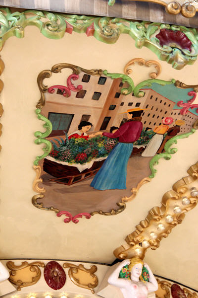 Detail of artwork on ceiling of carousel in Jardin Albert 1er. Promenade du Paillon. Nice, France.