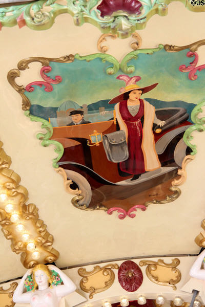 Detail of antique auto travel on ceiling of carousel in Jardin Albert 1er, Promenade du Paillon. Nice, France.