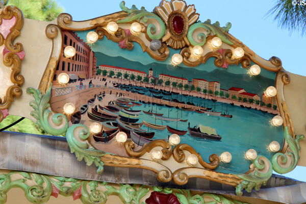 Painting of small boats in harbor in carousel in Jardin Albert 1er, Promenade du Paillon. Nice, France.