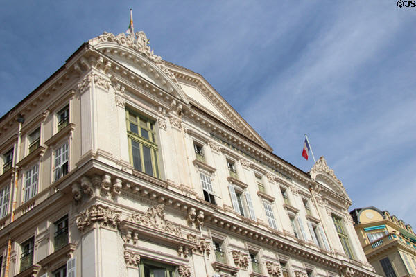 Ornate plaster work & French flag on Opera House in Old Nice. Nice, France.