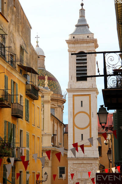 Tower of Nice Cathedral of Saint Reparté in Place Rossetti in Old Nice. Nice, France.