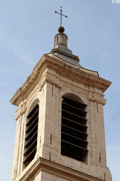 Top of tower of Cathedral of Saint Reparté in Place Rossetti in Old Nice. Nice, France.