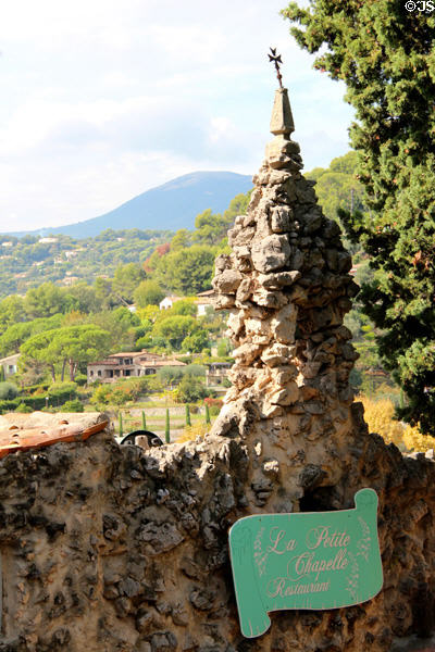 Rugged stone spire of La Petite Chapelle. St Paul de Vence, France.