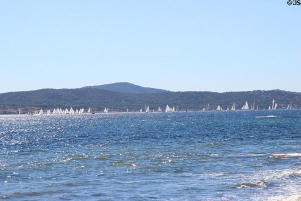 Yachts sailing in regatta seen from beach. Sainte-Maxime, France.