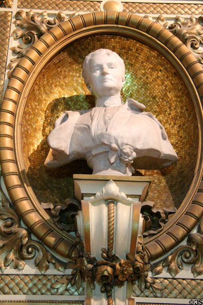 Carving of Joséphine Costille (1841-1915) wife of Antoine Lumière on parlor fireplace at Lumière Museum. Lyon, France.