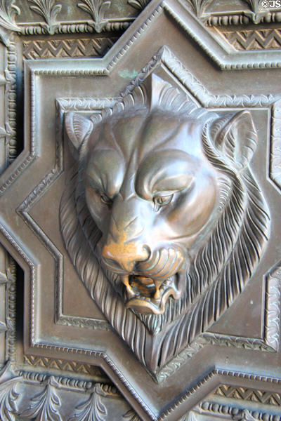 Lion on door of Basilique Notre-Dame de Fourvière. Lyon, France.