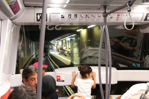 Lyon Metro front end of self driving subway train. Lyon, France.