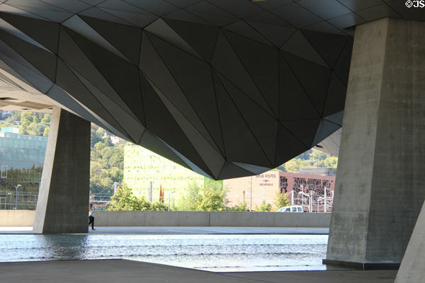 Museum straddles pond under Musée des Confluences. Lyon, France.