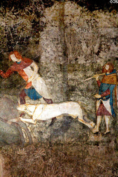 Frescoed hunting scene in papal apartments at Papal Palace. Avignon, France.
