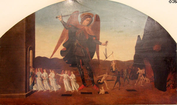 St Michel sorting souls painting (1400s) by Biagio d'Antonio Tucci of Florence at Petit Palais Museum. Avignon, France.