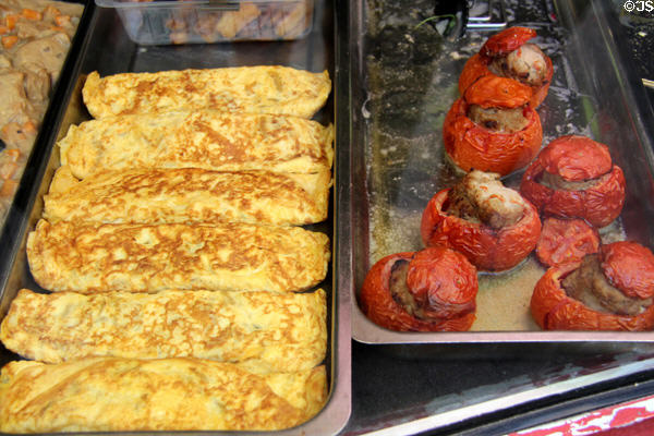Stuffed foods at Nimes market. Nimes, France.