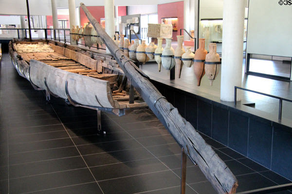 Stern view of wreck of Roman barge (Arles-Rhone 3) (c50 CE) found under Rhone river in 2004 at Arles Antiquities Museum. Arles, France.