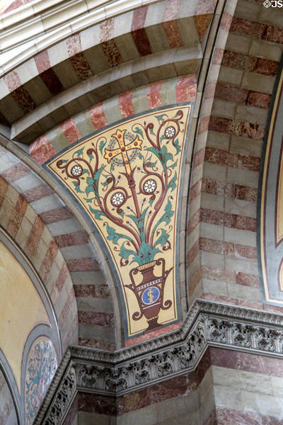 Mosaics in striped stonework at Marseille Cathedral. Marseille, France.