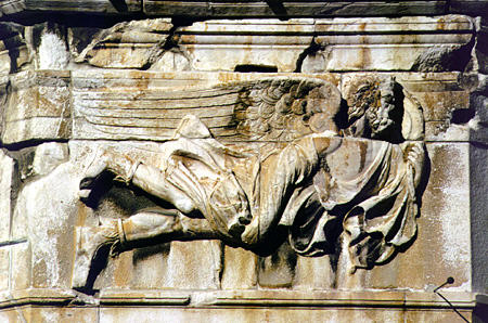 Detail from Tower of the Winds in Roman Agora, Plaka, Athens. Greece.