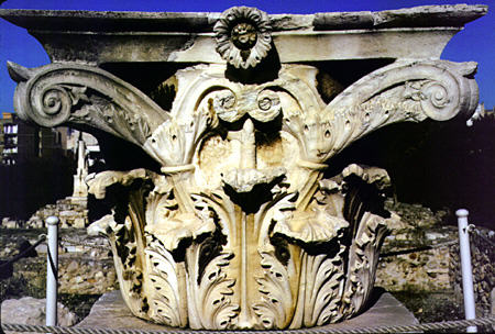 Fine example of ancient Corinthian capital, Thissio Agora, Athens. Greece.