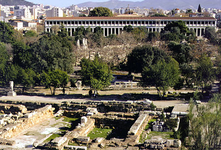 Ruins toward Stoa of Attalus (Attalos) Museum, Thissio Agora, Athens. Greece.
