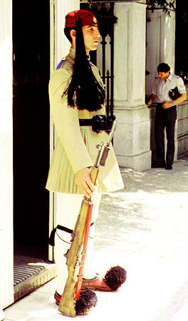 Guard in traditional Greek military uniform. Greece.