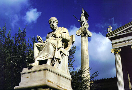 Statue of Socrates sits before Academy of Arts in Athens. Greece.