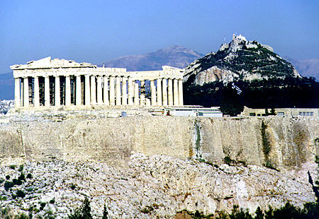 Acropolis and Likavitos Hill seen from Filipapou Hill, Athens. Greece.