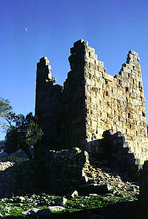 Frankish tower built in 13th century on to a 4th century BC fort on Acropolis in Egosthena. Greece.