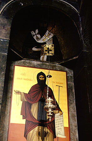 Frescos from 16th to 17th century replace missing mosaics in Katholikon, Ossios Loukas. Greece.