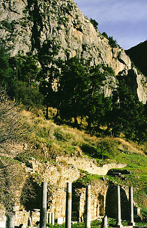 Shops for pilgrims at Ionic portico in Delphi. Greece.
