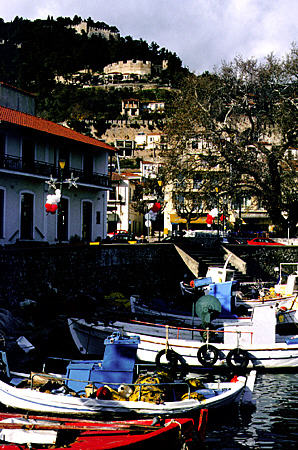 Boats docked in the harbor of Nafpaktos. Greece.