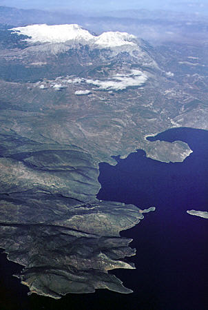 Arial view of north shore of Corinthian Bay and mountains. Greece.