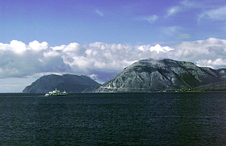 Ferry crossing between Rio and Andiro in Bay of Corinth. Greece.
