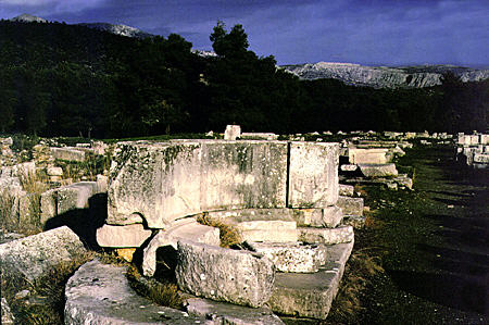 Public bench dedicated by an ancient donor in Epidauros. Greece.
