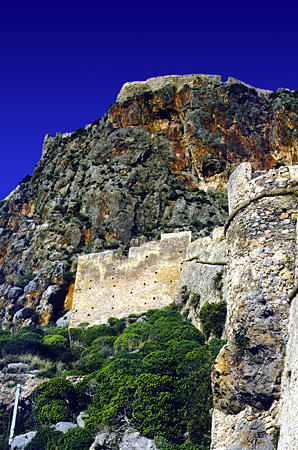Rock of Monemvasia, fortified by Byzantines which fell to Franks in 1248 after three year siege. Greece.
